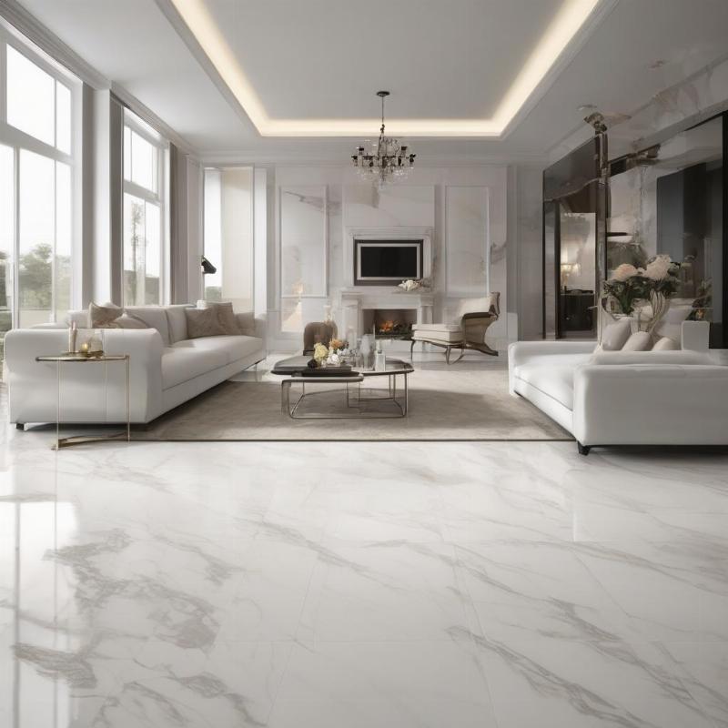 Gạch lát nền 80x80 vân đá marble trắng sang trọng cho phòng khách