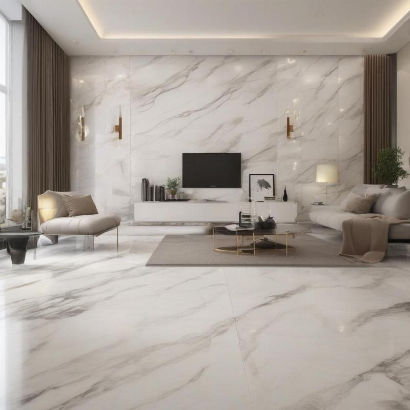 Gạch ốp tường phòng khách vân đá Marble trắng kem sang trọng