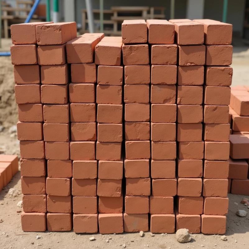 Hình ảnh gạch đỏ xây tường được xếp gọn gàng tại công trình, sẵn sàng cho việc xây dựng.