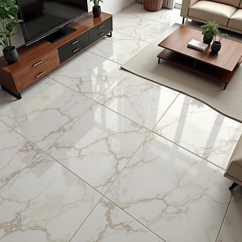 Mẫu gạch lát nền Đồng Tâm 60x60 vân đá sang trọng ứng dụng trong không gian phòng khách hiện đại