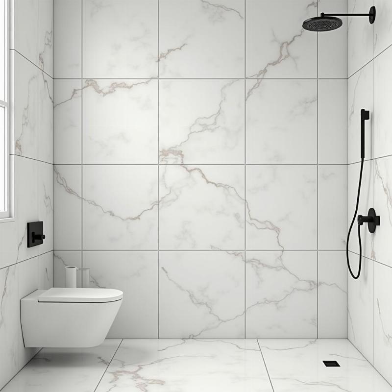 Tường nhà tắm ốp gạch trắng vân khói bề mặt mờ chống trơn trượt, dễ vệ sinh, thẩm mỹ cao.