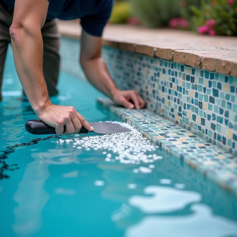 Hinh anh thi cong keo dan gach mosaic cho khu vuc be boi