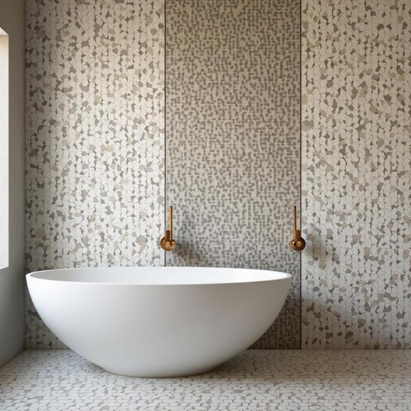 Các mẫu gạch Terrazzo ốp tường phòng tắm với họa tiết và kích thước đa dạng.