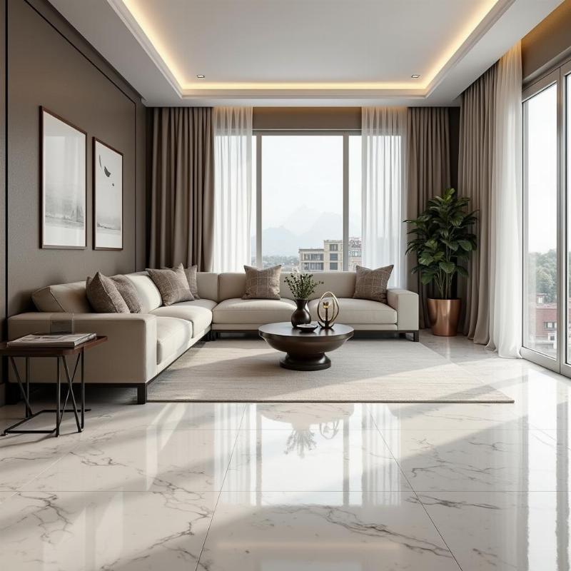 Ứng dụng gạch lát nền 60x60 vân đá trong không gian phòng khách hiện đại.