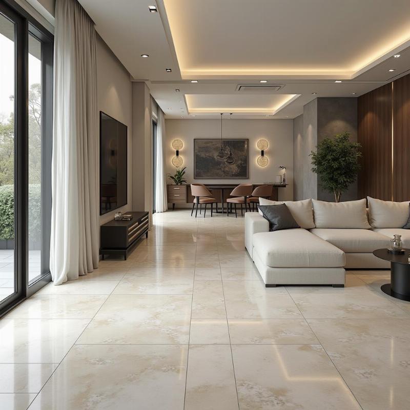 Hình ảnh ứng dụng gạch Prime 80x80 lát nền phòng khách tạo không gian sang trọng hiện đại